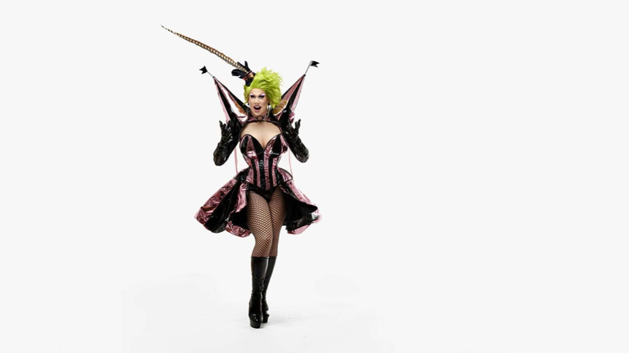 A person in an elaborate costume, inspired by the music band Sleater-Kinney, with black wings, corset, and fishnet stockings, holding a sword, against a white background.