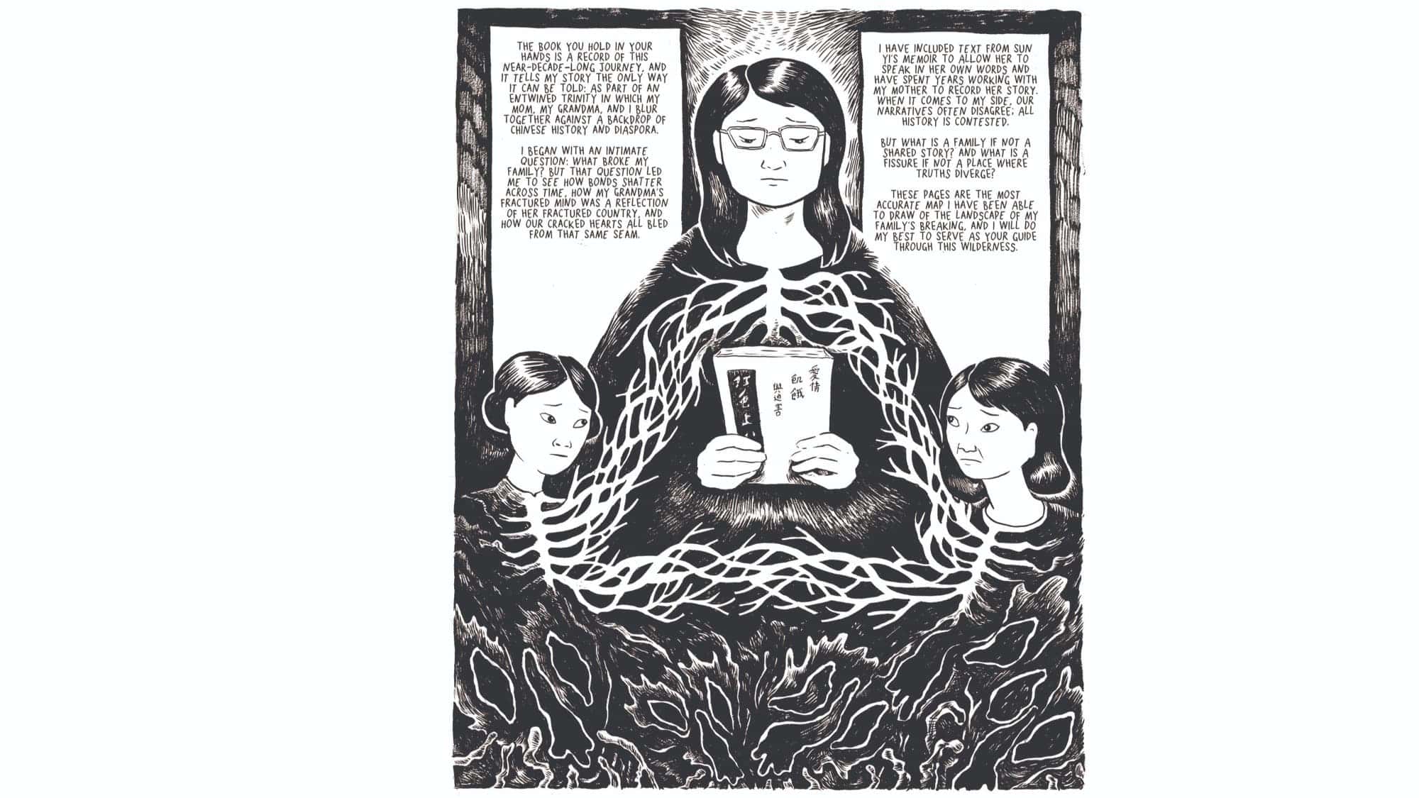 arts-Feeding Ghosts pg 20 copy 2-16-9-2000x1125-min Black and white illustration of a woman reading a book to the her daughter and her granddaughter. All 3 figures are linked through their bones. The text in the image is written in the image caption.