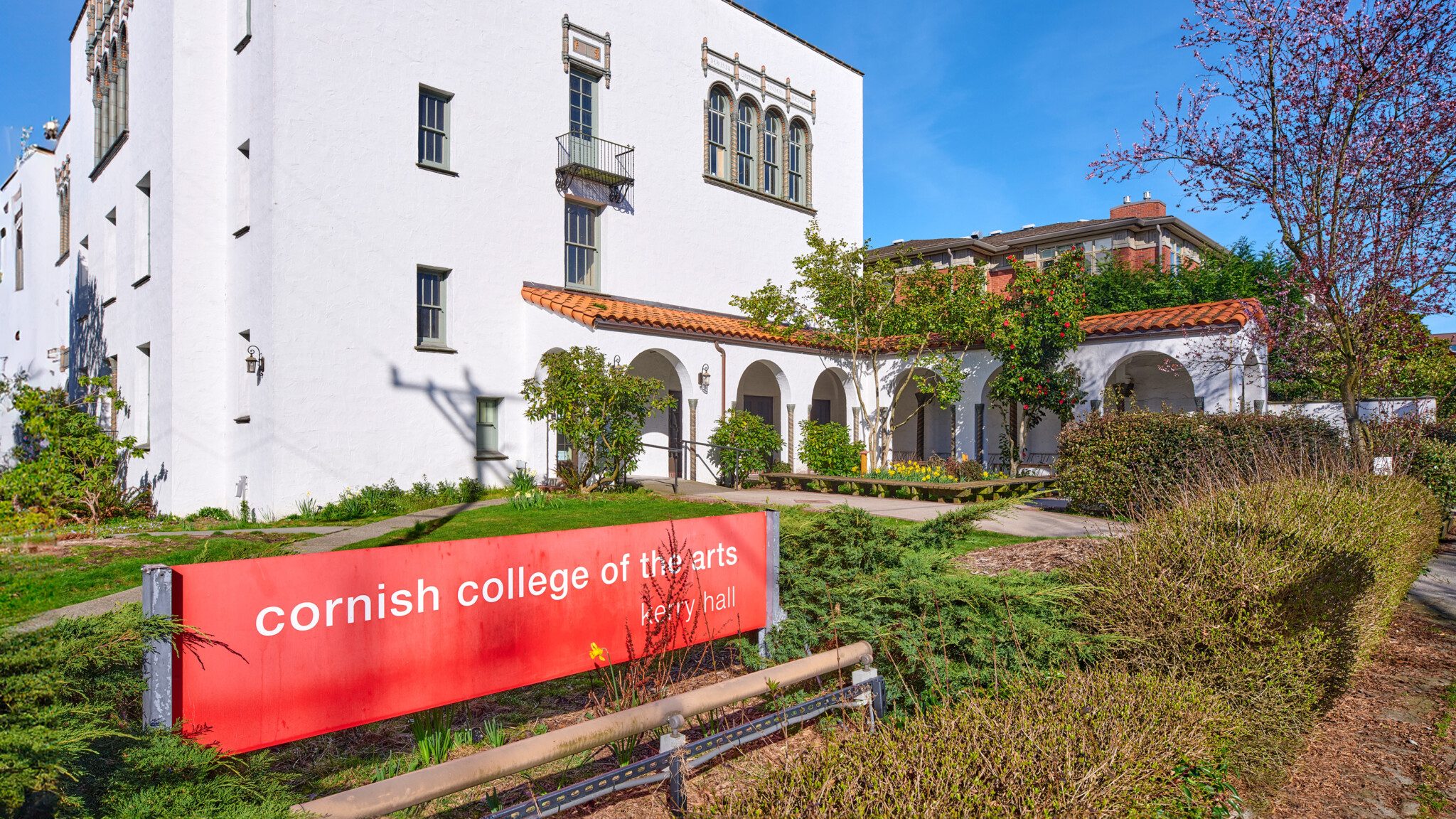 CornishKerryHall_16x9 Exterior view of the historic Cornish College of the Arts' Kerry Hall on a sunny day with clear skies.