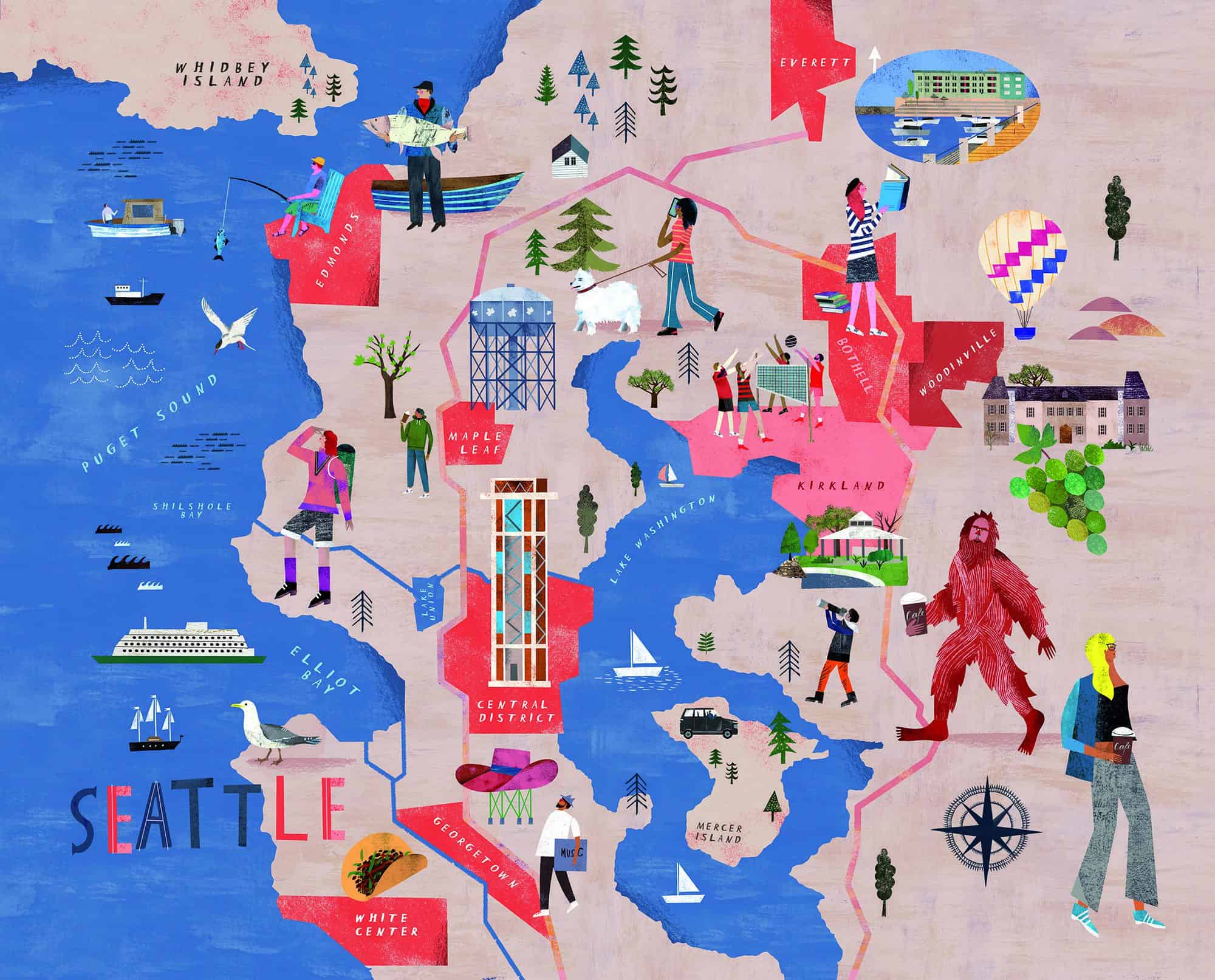 features-Seattle_Mag_Map1.12-min An illustrated map showing the neighborhoods in Seattle, highlighting their main features, like the big hat in Georgetown