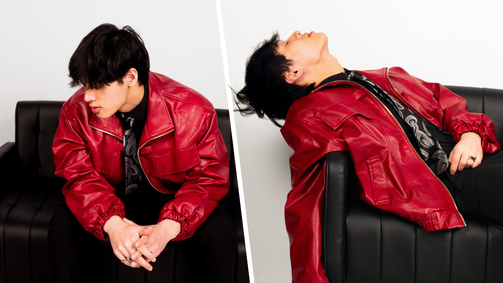 JohnnyHuynh_16x9 A person in a red jacket and black pants is sitting on a black couch in two different poses: one looking down and the other leaning back, embodying the creativity and focus of Johnny Huynh, a Mechanical Engineering Student and Voice of a New Generation.
