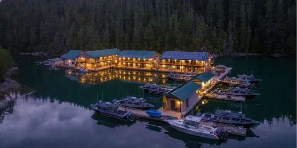 newton cove resort Illuminated culinary retreat lodge with adjacent docks and boats on a serene lake surrounded by forest at dusk.