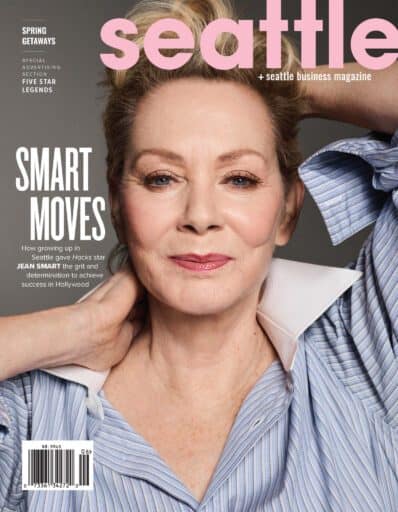 SEM0524_cover Cover of seattle business magazine featuring jean smart, wearing a striped blue blouse, with the headline "smart moves.