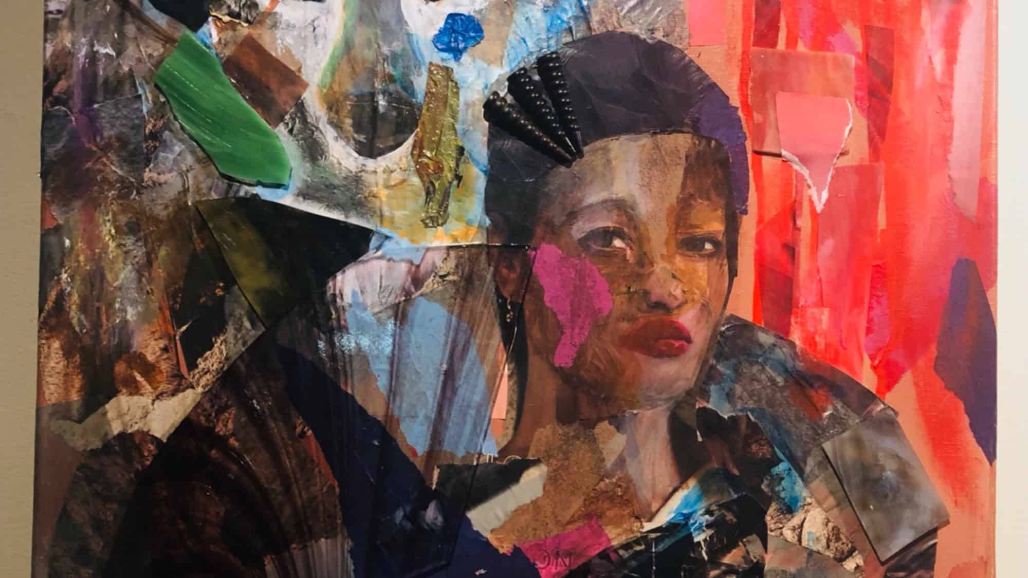 Mixed media collage on canvas of a woman's portrait with vibrant red background and colorful abstract elements.